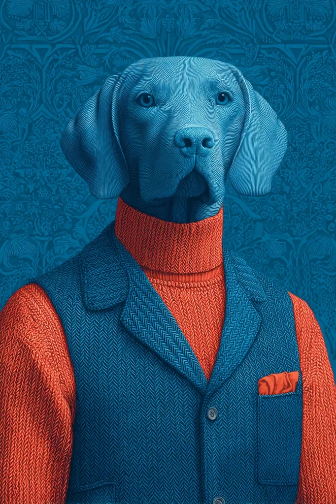 A stylized portrait of a Weimaraner dog, depicted in shades of teal and burnt orange.  The dog is dressed in a herringbone tweed vest and a high-necked sweater, creating a sophisticated, almost human-like appearance. The background features a detailed teal patterned wallpaper, adding to the artistic composition. The image uses a textured style, emphasizing the fabric and fur.