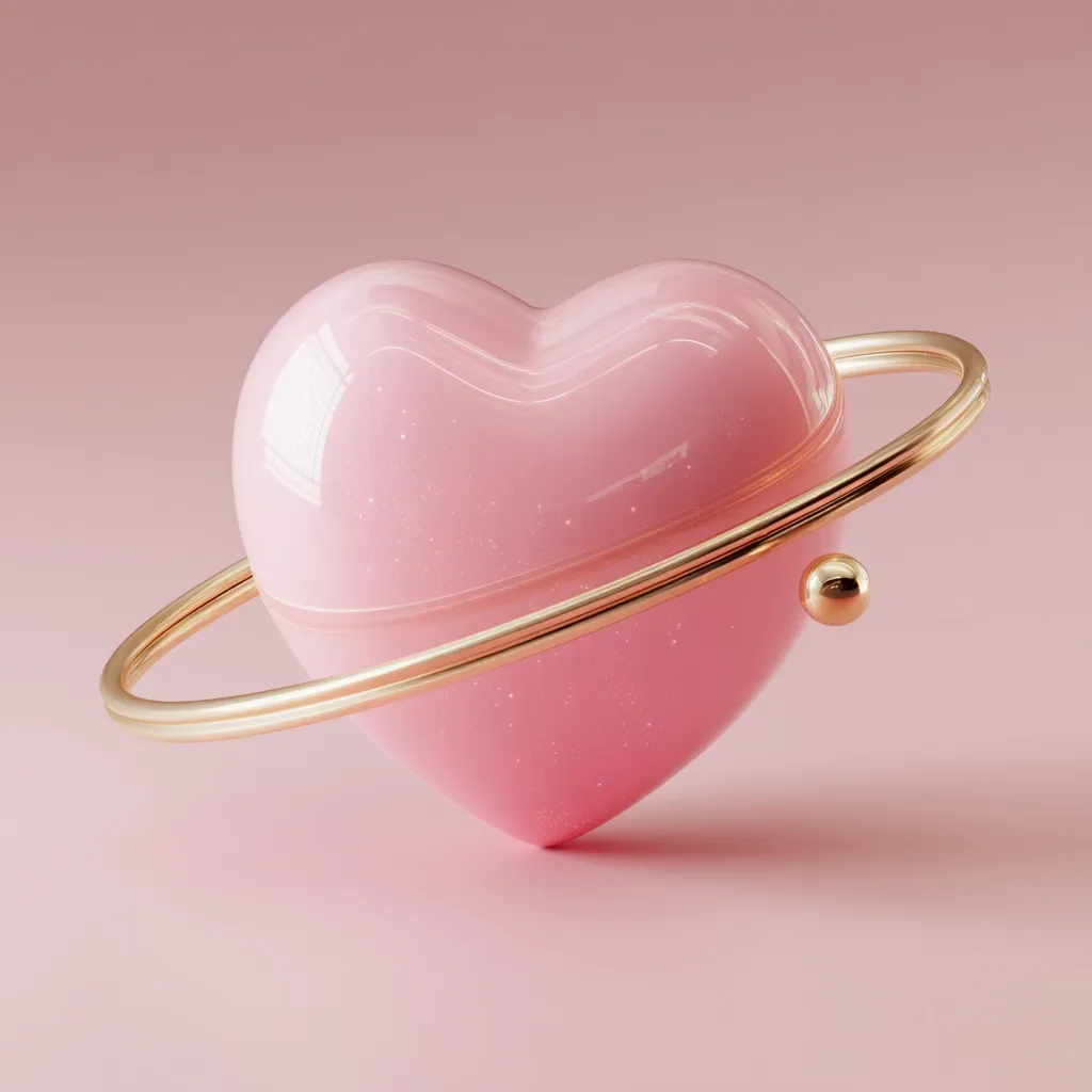 A glossy pink heart, speckled with glitter, is depicted as a planet.  A thin, gold ring orbits the heart, creating a celestial-themed, romantic image against a soft pink background.  The overall aesthetic is dreamy and whimsical, suggesting a sense of love and wonder.