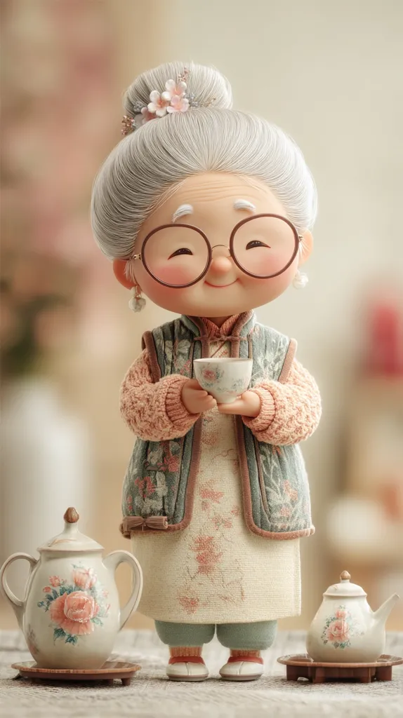 A charming 3D-rendered illustration depicts a sweet elderly woman with gray hair styled in a bun, adorned with delicate flowers.  She wears round glasses and a patterned vest over a light-colored dress, holding a small teacup.  Two porcelain teapots with floral designs sit on coasters beside her, creating a serene and heartwarming scene. The overall style is soft, gentle, and nostalgic.