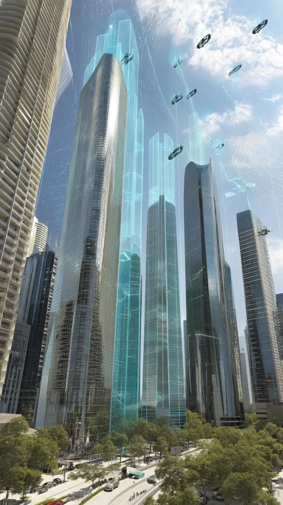 A futuristic cityscape featuring several tall, modern skyscrapers is shown.  Numerous drones are depicted flying amongst the buildings, suggesting advanced technological integration.  A network of teal lines overlays the structures, possibly representing data flow or structural information.  The scene is brightly lit, with a clear blue sky and lush green trees lining the street below.  The overall impression is one of a technologically advanced and densely populated urban environment.