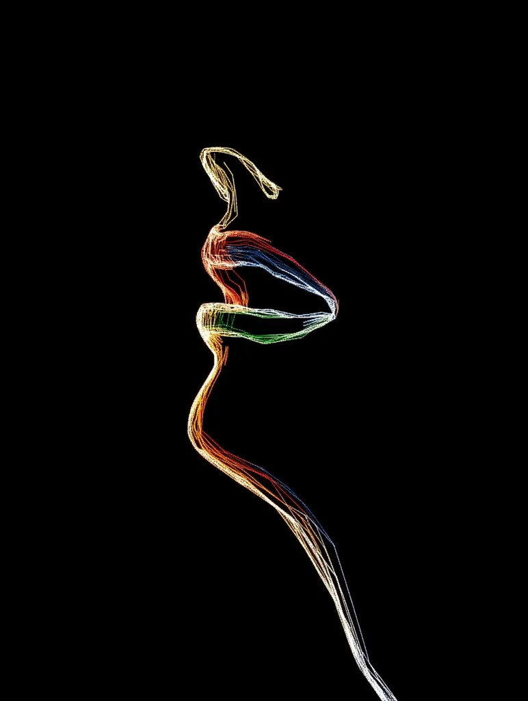A stylized, abstract figure resembling a woman is depicted against a black background.  The form is composed of thin, multicolored lines in shades of orange, red, green, and blue, creating a flowing, almost ethereal appearance. The lines suggest movement and form a graceful curve, hinting at a body in motion or repose. The overall effect is one of elegance and mystery.
