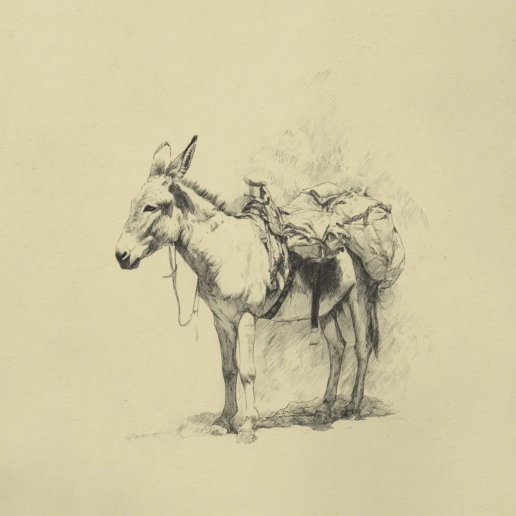 A detailed pencil sketch depicts a donkey standing calmly, its back laden with bundled sacks secured by a harness. The donkey's anatomy is meticulously rendered, showcasing its muscular structure and the texture of its coat.  The background is subtly shaded, suggesting a landscape setting, possibly a rural or mountainous environment. The overall style evokes a sense of quiet strength and resilience.