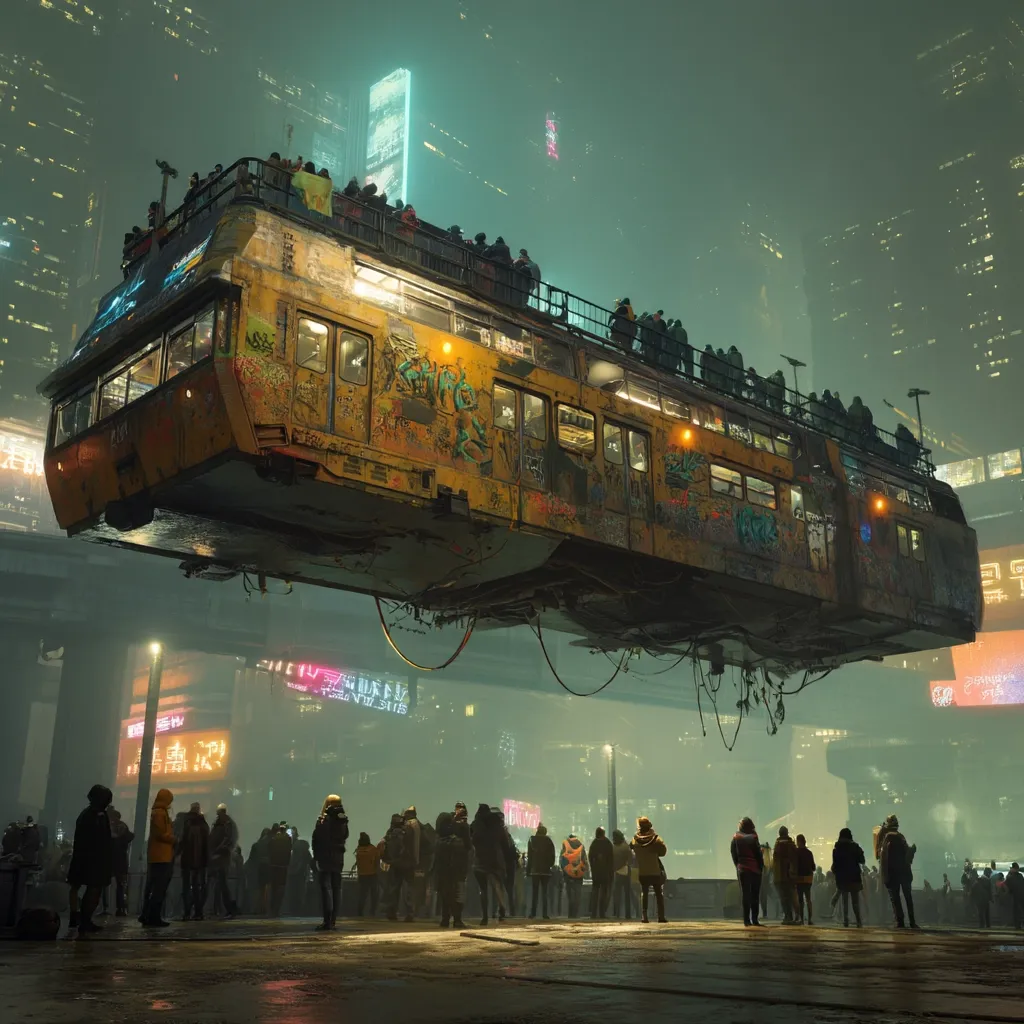 A futuristic, graffiti-covered train car hovers above a crowd of people in a cyberpunk city.  The vehicle is aged and worn, its yellow paint faded and marked with various tags.  Neon lights illuminate the rain-slicked streets of the towering buildings surrounding the scene, creating a dimly lit, atmospheric setting. The people below stare up at the suspended vehicle, creating a sense of wonder and unease.