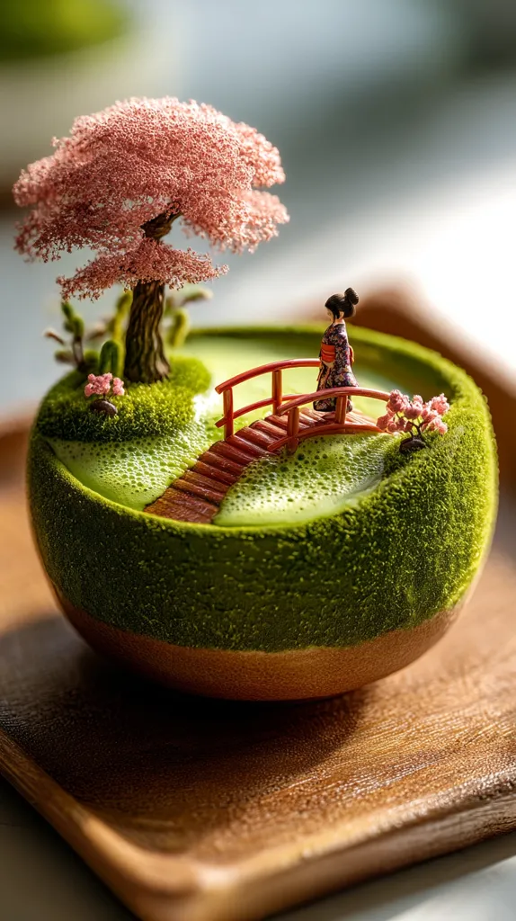 A miniature Japanese garden scene sits atop a matcha-flavored dessert.  A tiny woman in a kimono stands on a red bridge that crosses a frothy green landscape, beneath a delicate pink cherry blossom tree.  The entire creation rests on a rustic wooden tray, creating a serene and artistic presentation.