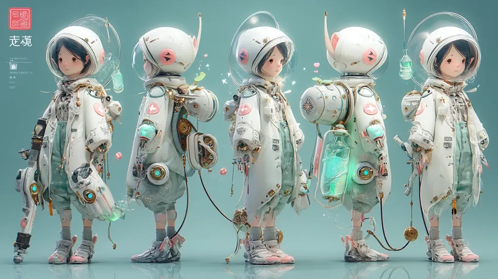 A 3D rendering showcases three variations of a cute, stylized astronaut character.  The character, resembling a young girl, wears a white lab coat over mint green overalls and pink shoes, complete with a whimsical, slightly robotic, helmet and backpack.  Each view offers a slightly different pose and angle, highlighting the detailed design and pastel color scheme of the futuristic yet charming attire.  The setting is a simple, light teal background.