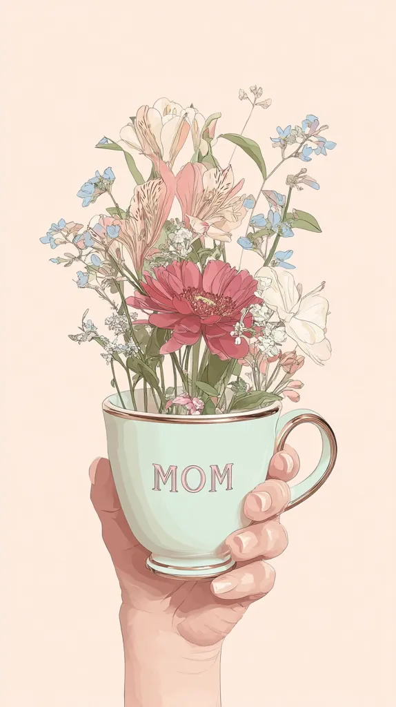 A hand holds a light teal teacup filled with a vibrant bouquet.  The cup is inscribed with "MOM." The flowers include pink alstroemeria lilies, a gerbera daisy, and delicate blue and white blossoms. The illustration is soft and pastel, creating a gentle and loving Mother's Day themed image.
