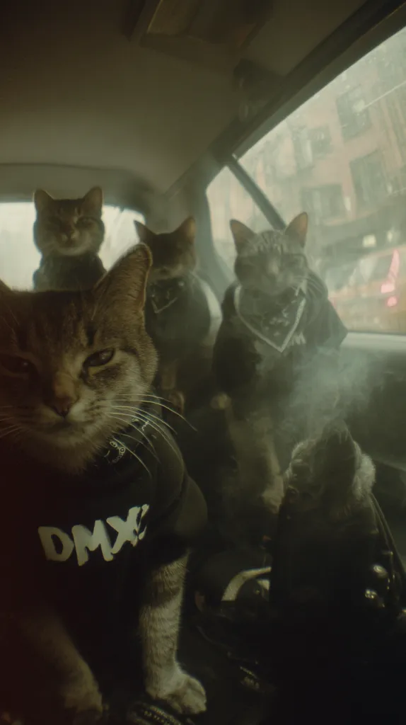 Four cats, wearing tiny black hoodies and bandanas, sit in the backseat of a car. The foreground cat, sporting a "DMX" hoodie, stares directly at the camera.  The car is traveling through a city, visible through a rain-streaked window. The overall mood is dark and slightly smoky.