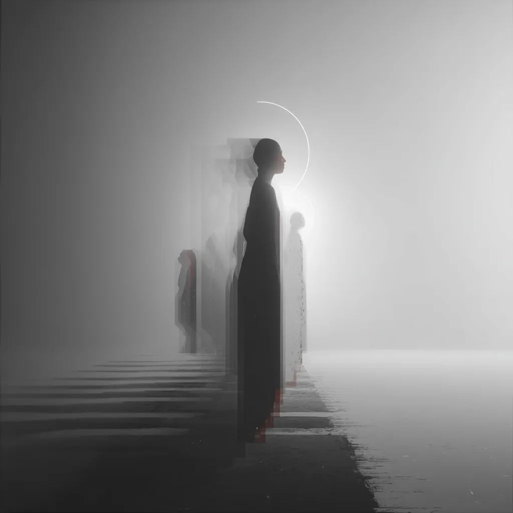 A grayscale illustration depicts a woman standing in profile, a subtle halo above her head.  She's silhouetted against a hazy background, where several blurred figures stand behind her, diminishing in clarity into the misty distance. The overall mood is ethereal and somewhat melancholic, suggesting a sense of isolation and mystery. The style is digital painting with a soft, slightly distorted aesthetic.