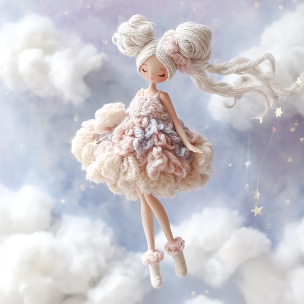 A handcrafted doll with long, flowing white hair styled in high buns, floats amidst fluffy clouds and sparkling stars.  She wears a pastel-colored crocheted dress with a ruffled hem and matching crocheted booties. The doll's serene expression and ethereal setting create a whimsical and dreamy atmosphere.