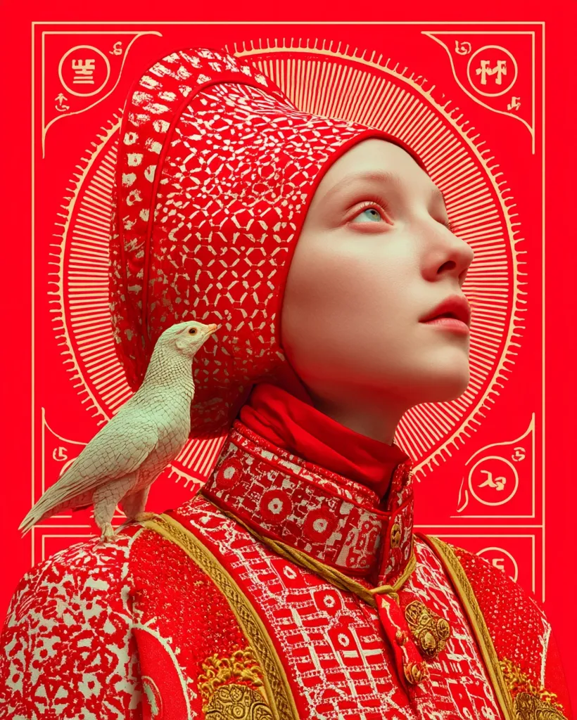 A stylized portrait of a woman in a vibrant red headdress and ornate clothing.  The red is richly detailed with a repeating geometric pattern. A pale bird perches on her shoulder. The background features a golden sunburst design within a red square frame, incorporating stylized symbols. The overall aesthetic is regal and symbolic, suggesting a fantastical or historical setting.