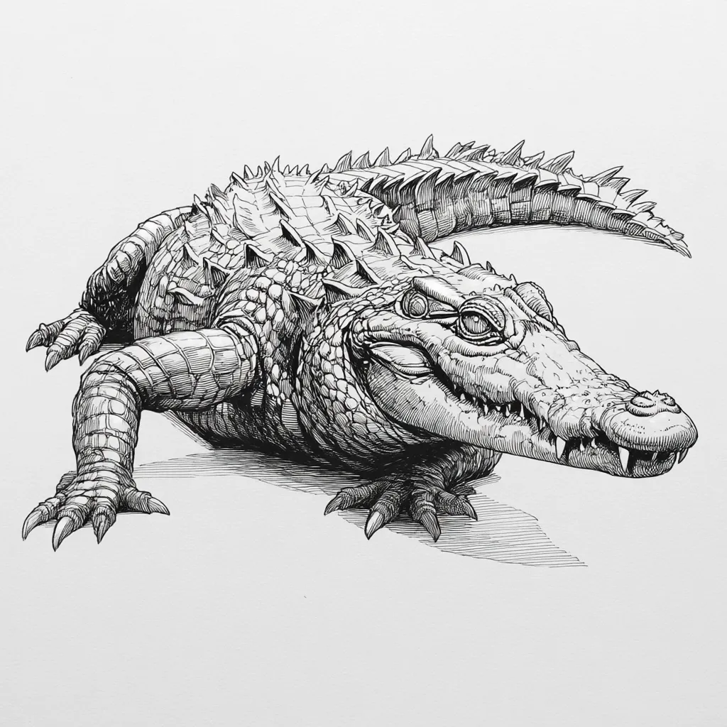 A detailed ink drawing depicts a large crocodile in a three-quarter view.  Its textured skin, sharp teeth, and powerful limbs are meticulously rendered. The crocodile's pose suggests alertness and strength, its gaze directed slightly to the viewer's left.  The artist's hatching technique creates a sense of depth and shadow, highlighting the animal's formidable presence.