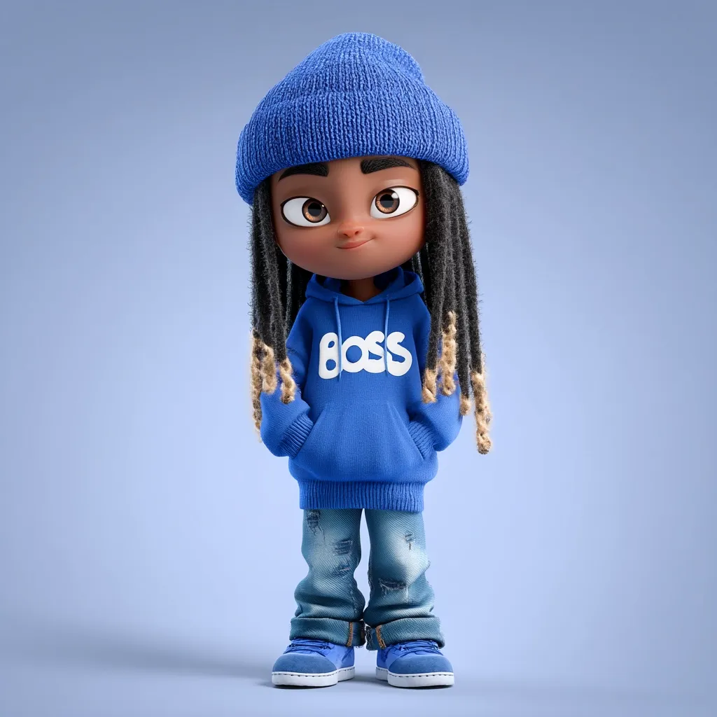 A 3D rendered cartoon girl with dark skin and long dreadlocks stands confidently. She's dressed in a blue hoodie that says "BOSS" in white lettering, blue jeans, and a matching blue beanie.  Her large eyes and small, slightly smirking mouth give her a cute, sassy expression.  She's posed with her hands in her pockets, against a light blue background.