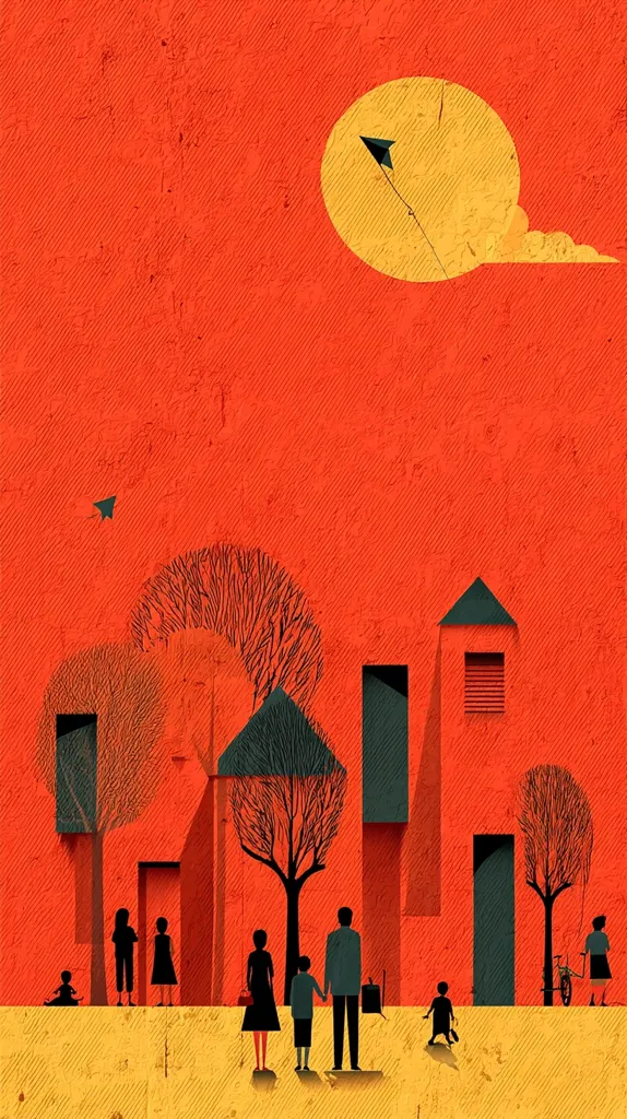 A stylized illustration depicts a family standing before minimalist buildings under a large, orange sun.  Bare trees punctuate the scene, their branches stark against the vibrant backdrop.  A kite floats high in the sky, adding a touch of whimsy. The overall aesthetic is bold and graphic, using flat colors and simple shapes to convey a sense of community and quiet contemplation.  Small figures add a human scale to the architectural forms.
