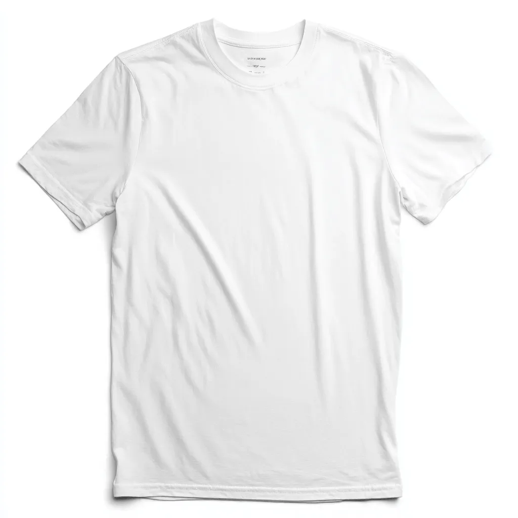 A plain white crew-neck t-shirt is displayed against a white background.  The shirt is slightly wrinkled, showcasing its texture. The simple design makes it a versatile blank canvas for customization or showcasing a minimalist aesthetic. The small, barely visible brand label is located at the inner neck.