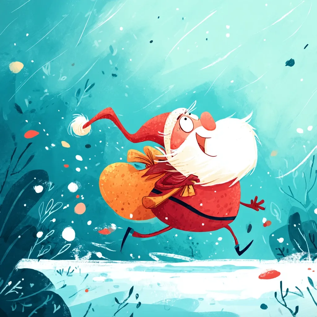 A cheerful Santa Claus, depicted in a vibrant, stylized illustration, joyfully runs through a snowy landscape.  He carries a large, orange sack overflowing with gifts, his red suit billowing in the wind.  The background is a teal wash, speckled with falling snow, creating a whimsical and festive atmosphere.  His expression is one of pure delight, suggesting the magic and excitement of Christmas Eve.
