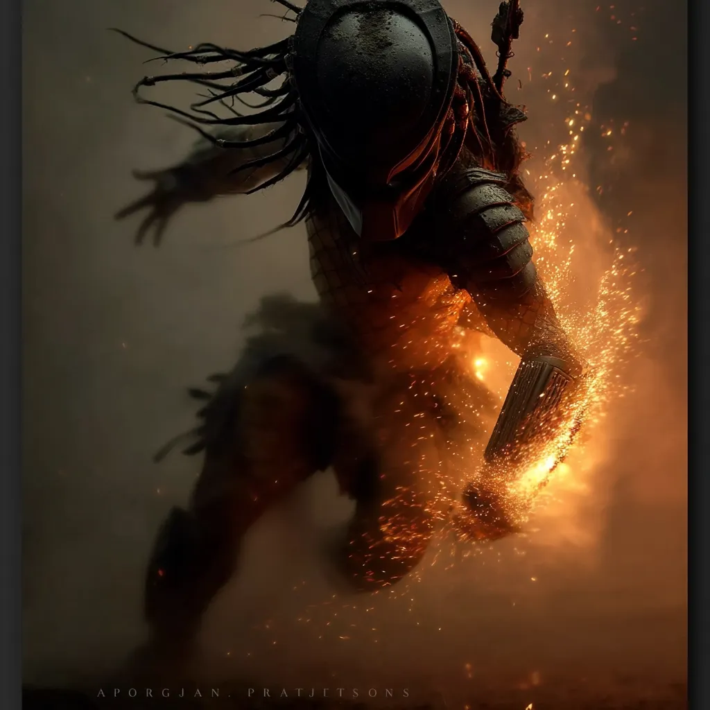 A Predator, a fearsome alien hunter, is depicted in dynamic motion.  Surrounded by fiery sparks and smoke, it exudes power and aggression. Its dark, armored body and characteristic helmet are clearly visible. The intense lighting and dramatic composition create a sense of action and suspense, hinting at a fierce battle.  The artist's signature, "APOR GJAN PRATJT S0NS," is subtly placed at the bottom.
