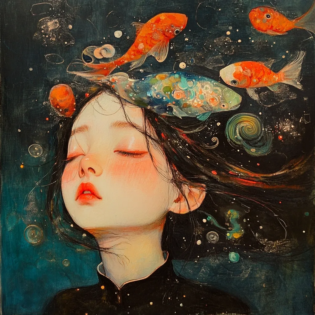 A dreamy painting depicts a young girl with eyes closed, her dark hair flowing like a cosmic river.  Surrounding her head are vibrant goldfish and swirling nebulae, blending the ethereal with the tangible.  Her serene expression suggests a peaceful, almost meditative state, immersed in a fantastical underwater scene.  The overall effect is one of whimsical beauty and quiet contemplation.