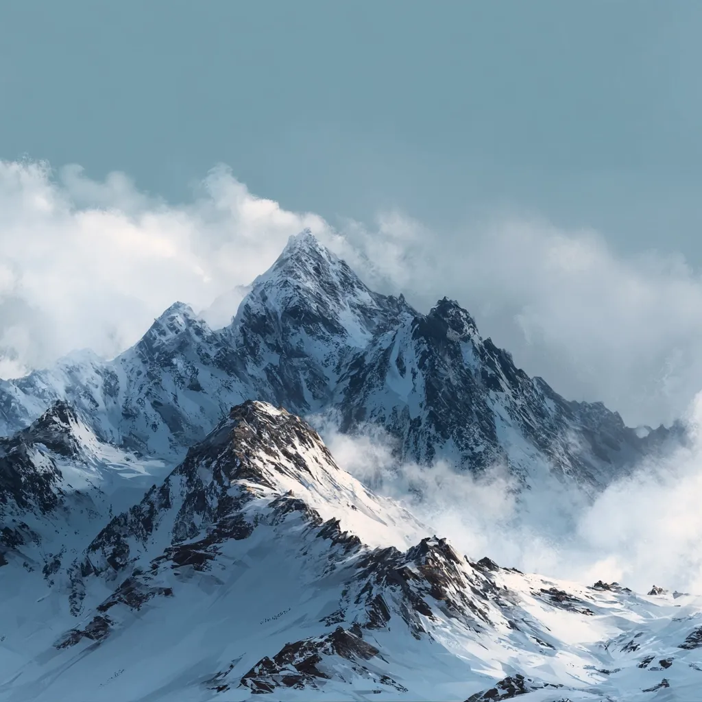 A majestic, snow-capped mountain range dominates the landscape, shrouded in swirling clouds.  The peaks rise sharply against a pale blue sky, their rugged textures and deep shadows accentuated by the ethereal mist.  A sense of vastness and serenity pervades the scene, showcasing the raw beauty of a pristine, winter wilderness.