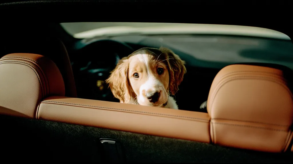 A cute, fluffy, light brown and white puppy peeks over the back of a car's tan leather seats.  The puppy's head and shoulders are visible, its large, expressive eyes gazing directly at the camera.  The interior of the car is dimly lit, highlighting the softness of the puppy's fur and the rich color of the leather. The overall mood is one of warmth and gentle curiosity.