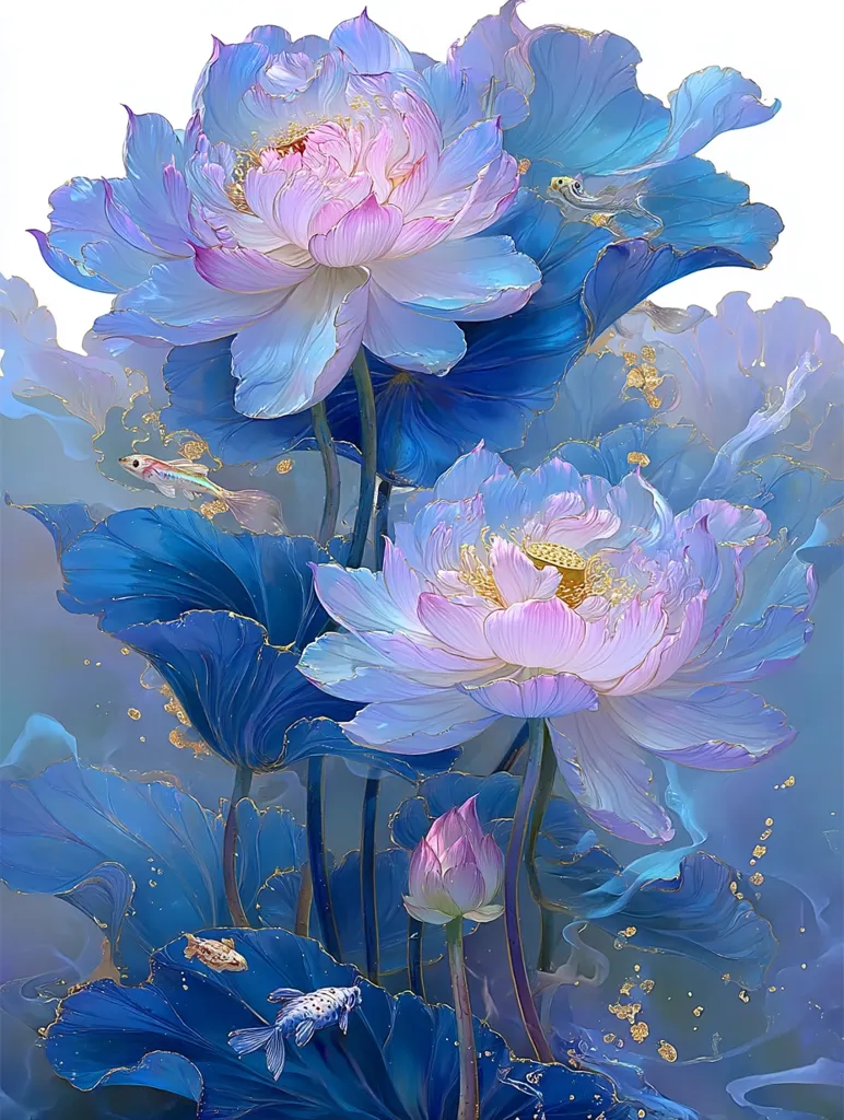 A stunning artistic depiction of lotus flowers in vibrant blues and purples.  The blossoms are exquisitely detailed, showcasing delicate petals and a soft pink center.  Small, elegant fish swim amidst the large, lush leaves, adding a serene aquatic element to the piece.  Gold accents subtly highlight the petals and leaves, creating a luxurious and ethereal atmosphere. The overall style suggests a blend of realism and impressionism.