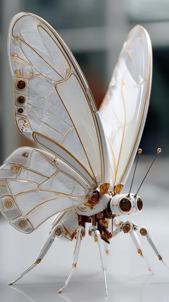 A meticulously crafted robotic butterfly, predominantly white with gold accents, is depicted. Its wings are intricately designed with delicate, translucent panels, showcasing a blend of mechanical precision and organic form. The body is composed of visible gears and components, highlighting the machine's internal workings.  The legs are slender and articulated, suggesting mobility.  The overall aesthetic is one of elegant, futuristic bio-mechanics.