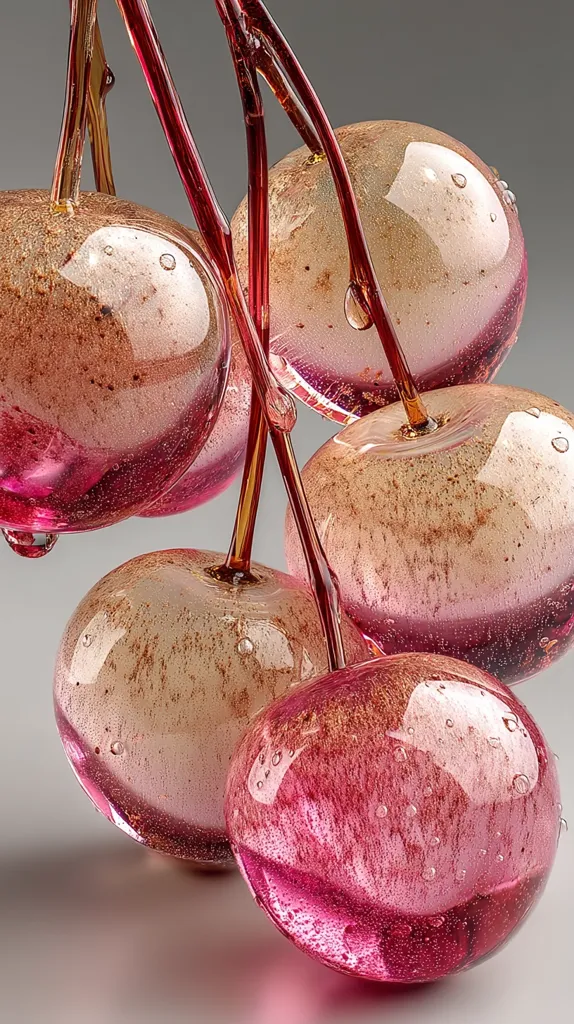 A cluster of art glass cherries, meticulously crafted, hangs from delicate, reddish-brown stems.  The cherries exhibit a gradient of colors, transitioning from a pale, beige hue to a rich, deep pink.  Small air bubbles are trapped within the glass, adding texture and depth.  The overall effect is one of both delicacy and opulence, showcasing the artistry of the glassblowing process.