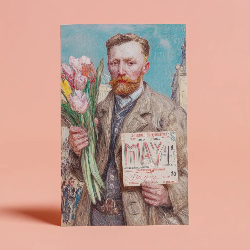 A stylized postcard depicts Vincent van Gogh holding a bouquet of tulips and a May Day ticket.  The painting is impressionistic, with visible brushstrokes, and shows Van Gogh in a coat, his beard prominent.  The background suggests a city street. The overall style evokes a sense of celebration and artistic expression, blending the artist's image with a historical event.
