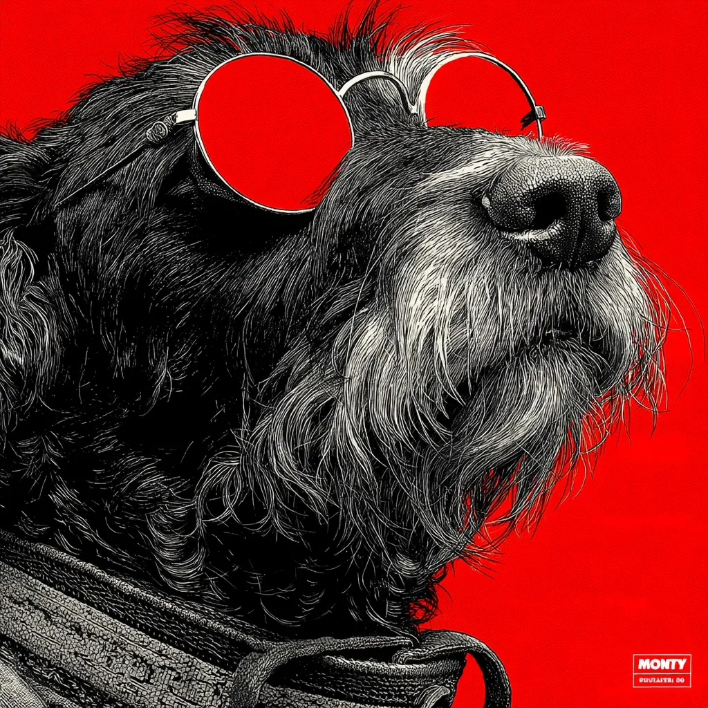 Close-up of a black and white dog's face against a vibrant red background. The dog is wearing large, round, red sunglasses. Its fur is detailed, showcasing a mix of black and grey hairs. The image has a stylized, almost graphic novel-like quality, with sharp lines and contrasting colors.  The dog's expression is calm and slightly curious. A small logo is visible in the bottom right corner.