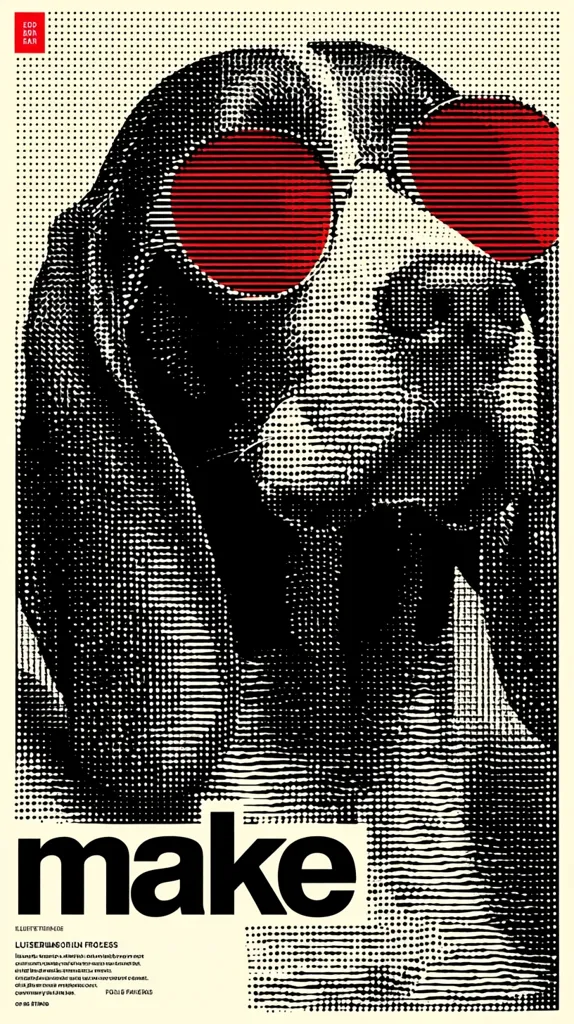 A poster featuring a stylized halftone image of a dog's face wearing large, red sunglasses.  The word "make" is prominently displayed in bold, black sans-serif font below the image.  The poster has a vintage, possibly screen-printed aesthetic.  Additional text at the bottom provides artist and title information, suggesting it's album art or a promotional piece.