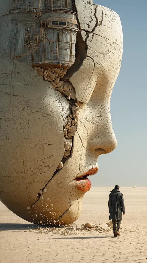 A colossal, cracked face sculpture dominates a desolate desert landscape.  The face is fragmented, revealing a decaying structure within its interior. A lone figure, small in scale against the monumental artwork, walks away from the broken visage. The image conveys a sense of isolation, loss, and the fragility of memory or identity. The contrast between the vast sculpture and the solitary human emphasizes the overwhelming scale of the emotional or societal implications.