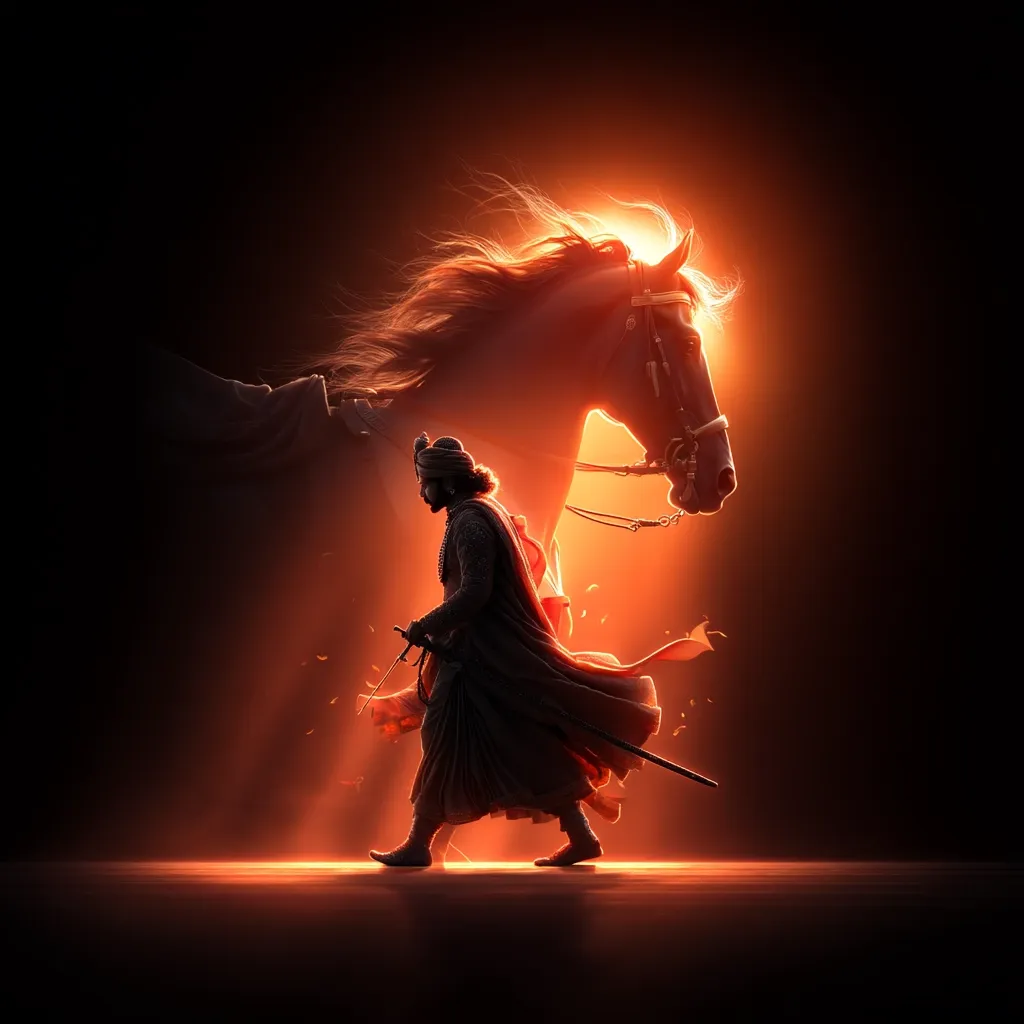 A silhouetted warrior, clad in flowing robes and a turban, walks beside a majestic horse bathed in warm, radiant light.  The horse's mane and tail are dramatically highlighted, creating a powerful image. The scene is dark, emphasizing the figures against a fiery backdrop, suggesting themes of power, courage, and perhaps royalty. A sword is held at the warrior's side, adding to the sense of strength and readiness.