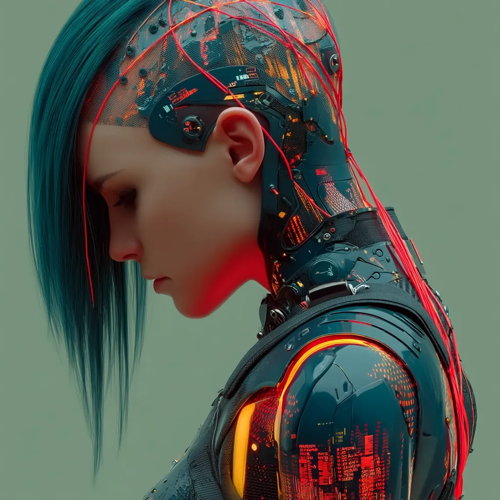 A profile view of a futuristic cyborg woman with teal hair.  Her head and neck are intricately adorned with glowing orange and red circuitry, wires extending down her back. The cybernetic enhancements are seamlessly integrated with her skin, creating a striking blend of human and machine.  Her expression is somber, gazing downward. The overall aesthetic is dark, sleek, and technologically advanced.