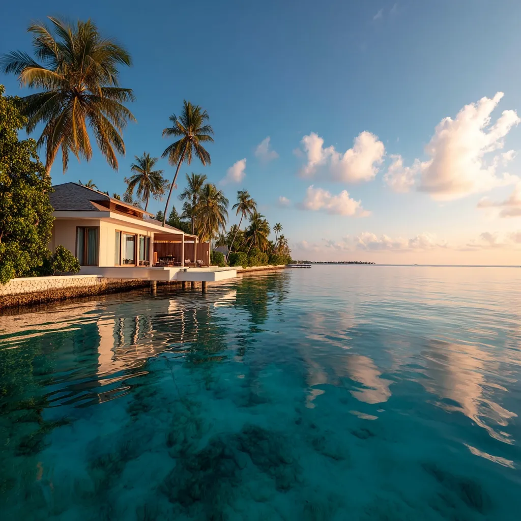A tranquil overwater bungalow sits on a pristine beach, surrounded by lush palm trees under a vibrant sunset sky.  The crystal-clear turquoise water reflects the bungalow and sky, creating a picturesque scene of tropical paradise.  The calm ocean stretches to the horizon, promising relaxation and escape.