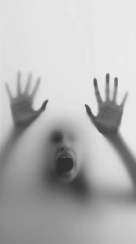 A blurry, monochromatic image depicts a figure pressed against a frosted surface.  Hands are outstretched, fingers splayed, suggesting distress.  The face is obscured but a wide-open mouth hints at a scream.  The overall effect is unsettling and evokes feelings of fear and confinement.