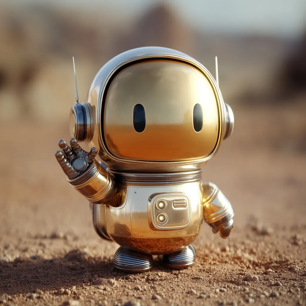 A cute, golden robot, resembling an astronaut, stands on a desert-like landscape.  Its helmet is silver, contrasting with its shiny gold body.  The robot's hand is raised in a wave, seemingly greeting the viewer. Its design is simplistic and charming, with large, expressive eyes.  The scene suggests exploration or a friendly encounter in a barren, yet warm environment.