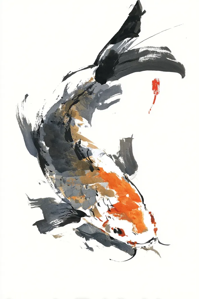 An abstract watercolor painting depicts a koi fish in shades of gray, black, and orange.  The artist uses bold brushstrokes to capture the fish's movement, emphasizing fluidity and energy.  The background is predominantly white, allowing the vibrant colors of the koi to stand out. The style suggests a blend of Eastern and modern artistic influences.  A splash of red adds a touch of unexpected vibrancy.