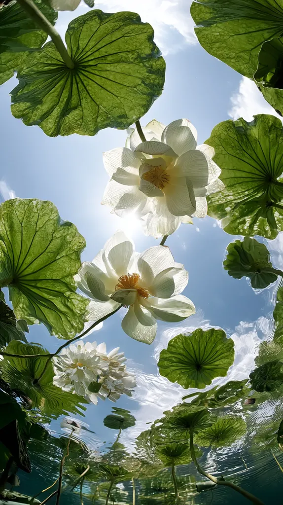 An underwater perspective reveals vibrant white lotus blossoms and large, round green lily pads. Sunlight filters through the water, illuminating the scene from above. The image is a captivating display of aquatic flora, with the flowers and leaves creating a striking contrast against the clear blue sky.  The reflection of the plants on the water's surface adds to the ethereal beauty.