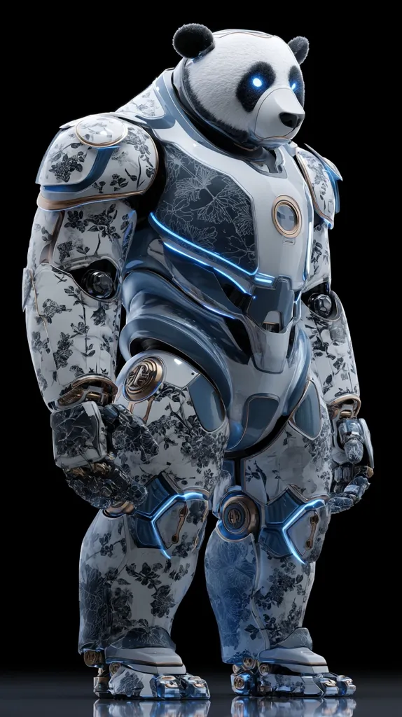 A 3D rendering showcases a powerful robotic panda.  The mecha is clad in blue and white armor adorned with a delicate floral pattern reminiscent of Chinese porcelain.  Glowing blue accents highlight the joints and technological features of the suit. The panda's face, realistically rendered, peeks from the helmet, creating a striking contrast between cute and futuristic. The robot stands imposingly against a black background.