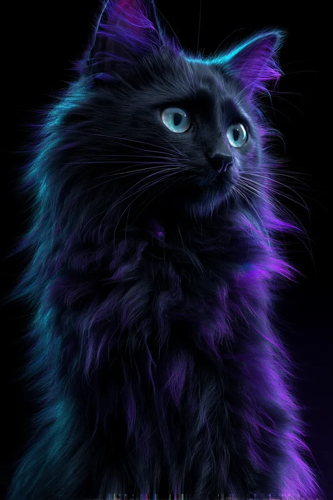 A long-haired black cat is depicted against a black background, illuminated by vibrant teal and purple hues that accentuate its fur.  The cat's blue eyes are striking, and its expression is one of gentle curiosity. The image has a surreal, almost otherworldly quality due to the lighting effects.  The cat's fluffy fur appears to glow, creating a dramatic and artistic portrait.