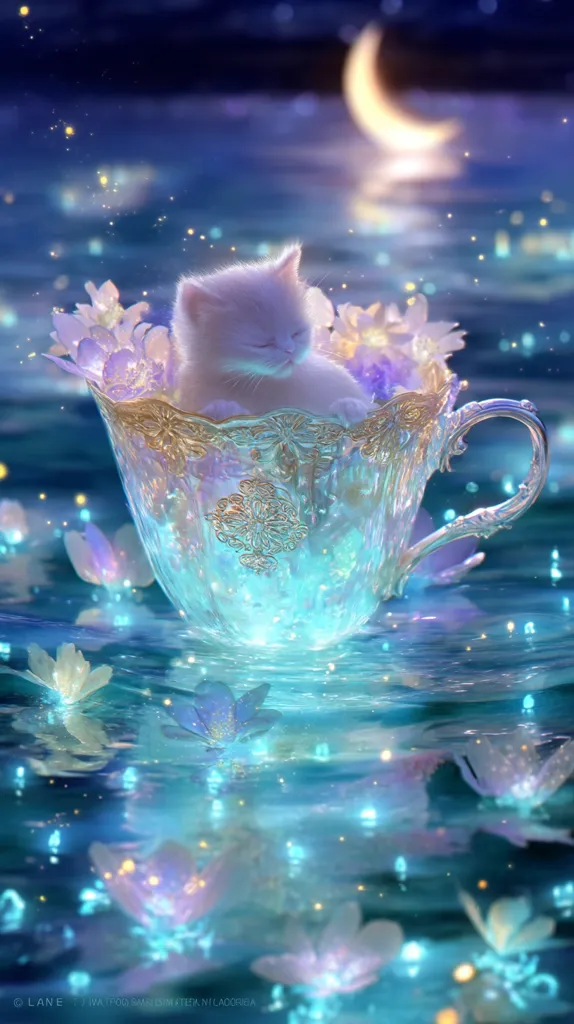 A whimsical digital artwork depicts a tiny white kitten nestled in a glowing, ornate teacup.  Surrounded by luminous flowers, the cup floats serenely on a shimmering, ethereal water surface under a crescent moon.  The scene is filled with soft, pastel hues and sparkling lights, creating a magical and enchanting atmosphere.
