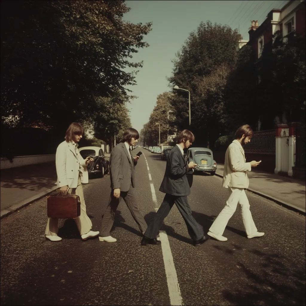 Four men in 1960s attire cross a pedestrian crossing, each engrossed in a handheld device.  They walk in a line reminiscent of the Beatles' Abbey Road album cover, but instead of instruments, they hold what appear to be early mobile phones.  The scene is set on a quiet residential street, lined with trees and parked cars, under a bright, sunny sky.