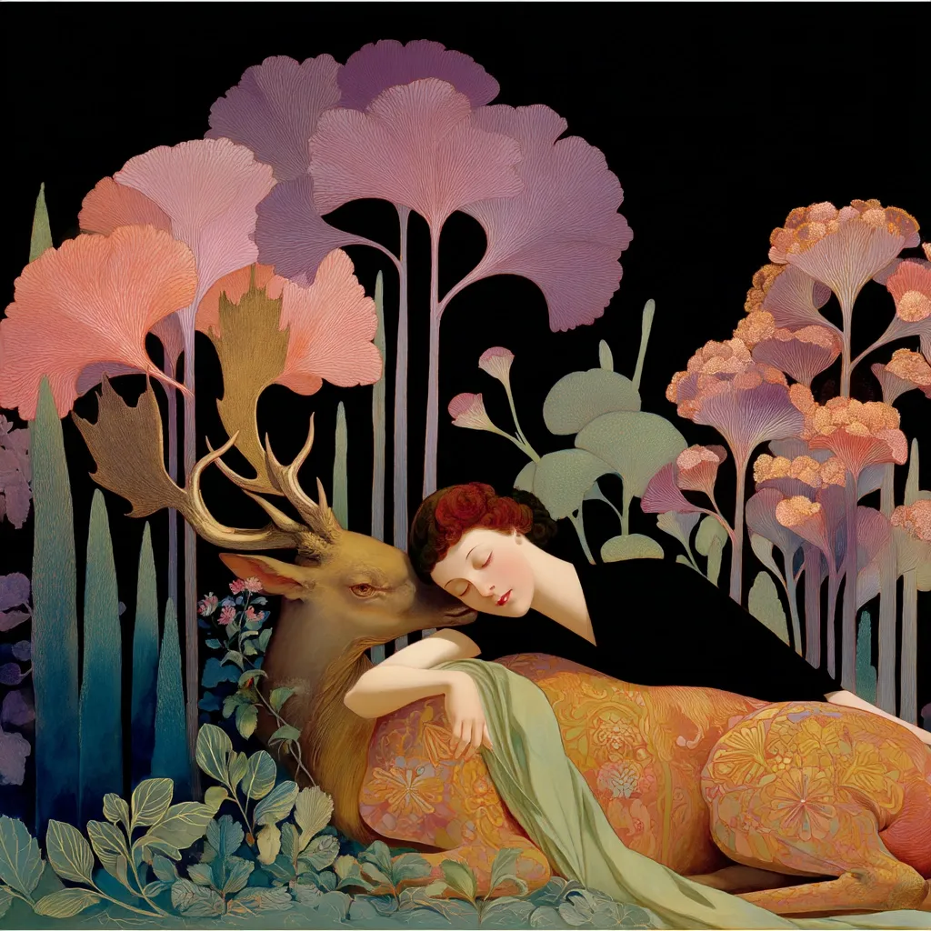 A woman with auburn hair, dressed in black, rests her head on a deer adorned in an orange and gold patterned coat.  They lie nestled amongst stylized, fantastical flora with large, ginkgo-like leaves in shades of pink, purple, and green against a dark background. The scene is dreamlike and surreal, evoking a sense of tranquility and connection between the woman and the animal.