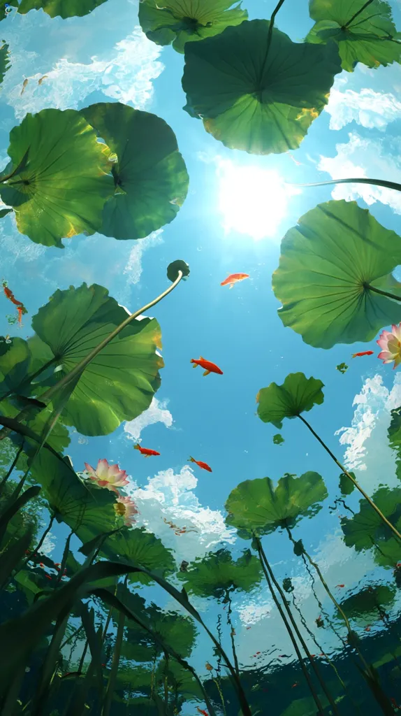An underwater perspective reveals a serene pond.  Large, vibrant green lotus leaves dominate the scene, their stems stretching upwards towards a bright sunlit sky.  Orange goldfish swim playfully amongst the leaves and blossoms, creating a peaceful and enchanting underwater world.  The clear water allows the sky and clouds to be seen through the leaves, adding depth and beauty.