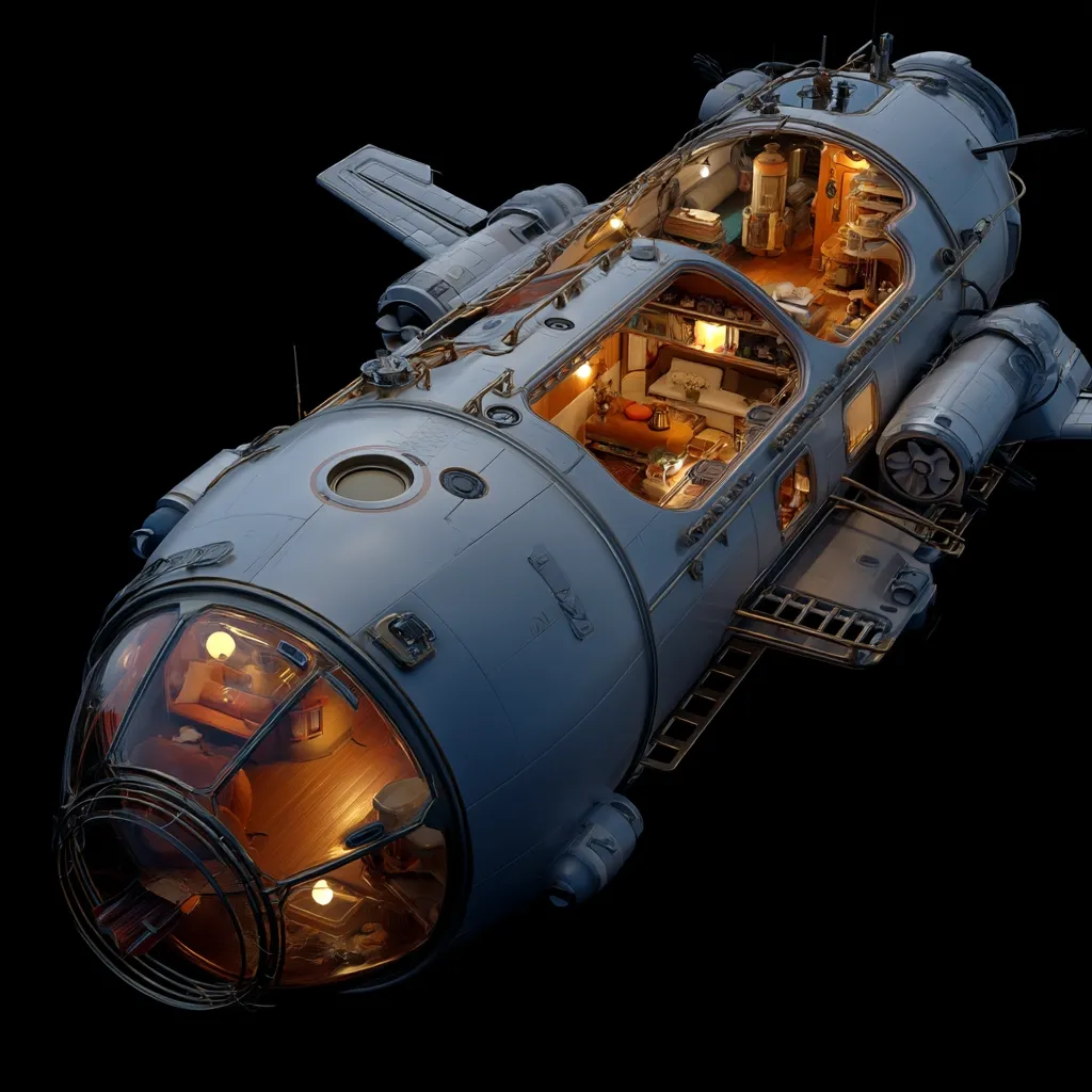 A detailed 3D rendering showcases a futuristic spaceship, cut-away to reveal its interior.  The vessel is predominantly light grey, accented with brass-colored details and portholes.  Inside, a cozy living space is visible, complete with furniture, lamps, and personal effects, suggesting a comfortable and homely environment within the spacecraft.  The exterior features small wings and engines, hinting at its functionality. The overall aesthetic blends steampunk elements with a spacefaring design.