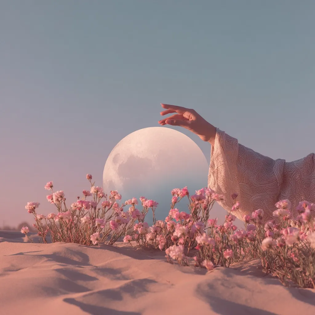 A hand, adorned in a delicate, flowing sleeve, gently reaches towards a large, pale moon.  Pink flowers bloom abundantly in the foreground, nestled in soft, sandy dunes.  The scene is bathed in a soft, pastel light, creating a dreamy, ethereal atmosphere.  The image evokes a sense of peace and tranquility, suggesting a connection between nature and the celestial.