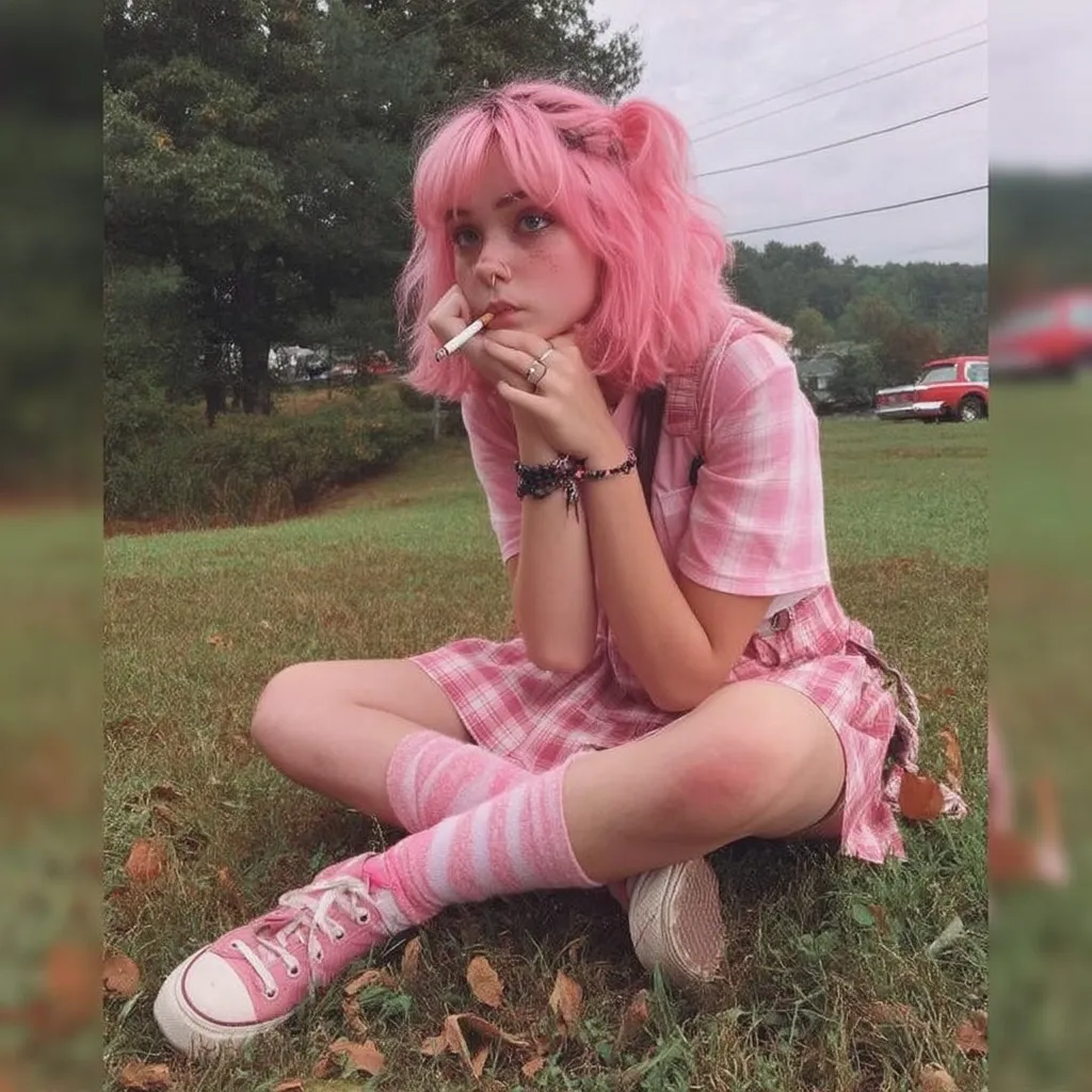 A young woman with bright pink hair styled in pigtails sits on a grassy area.  She's wearing a pink gingham dress and matching striped socks and Converse sneakers.  She holds a cigarette between her fingers, resting her chin on her hands. The overall aesthetic is pastel and slightly melancholic. A red car is visible in the background.