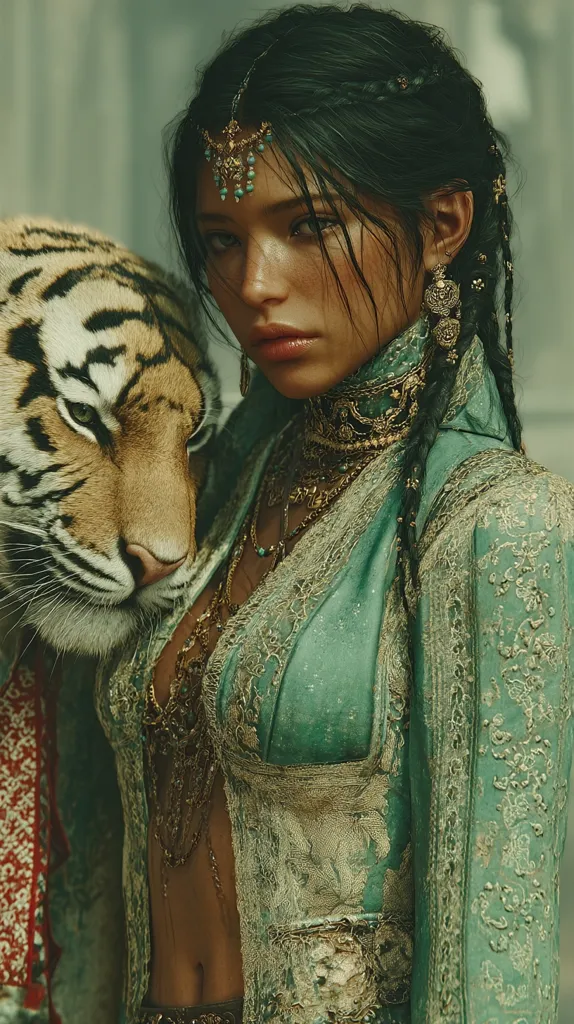 A captivating portrait of a woman adorned in opulent teal and gold attire.  Intricate embroidery details her elaborate dress, complemented by numerous gold necklaces and earrings.  Her dark hair is styled in braids, accented by a jeweled headpiece. A majestic tiger rests gently beside her, its gaze directed towards the viewer, creating a powerful and mysterious scene.