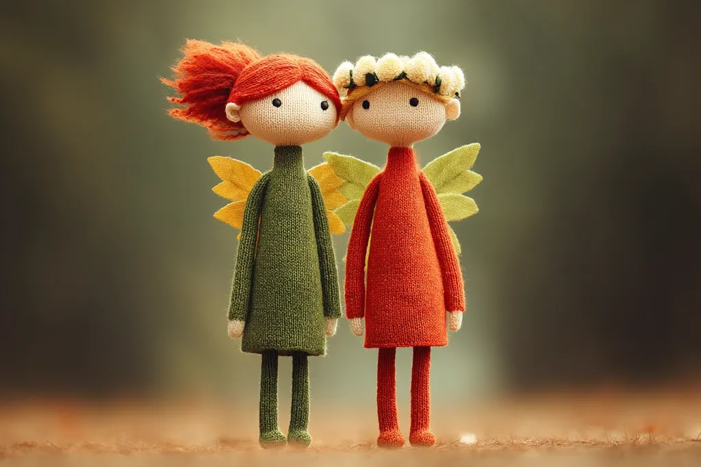 Two adorable hand-knitted angels stand side-by-side.  One angel has fiery red hair and wears a green dress, while the other, adorned with a white flower crown, wears a warm orange dress.  Both have small, delicately crafted wings.  They are positioned against a softly blurred natural background, creating a charming and whimsical scene.