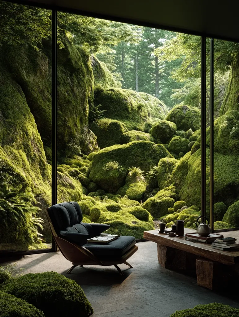 A modern armchair sits before expansive floor-to-ceiling windows showcasing a lush, moss-covered landscape.  Large rocks and vibrant green foliage fill the view, creating a serene and tranquil atmosphere. A low wooden coffee table holds tea set and books, completing the minimalist yet nature-inspired room design. Sunlight filters through the trees, illuminating the scene.
