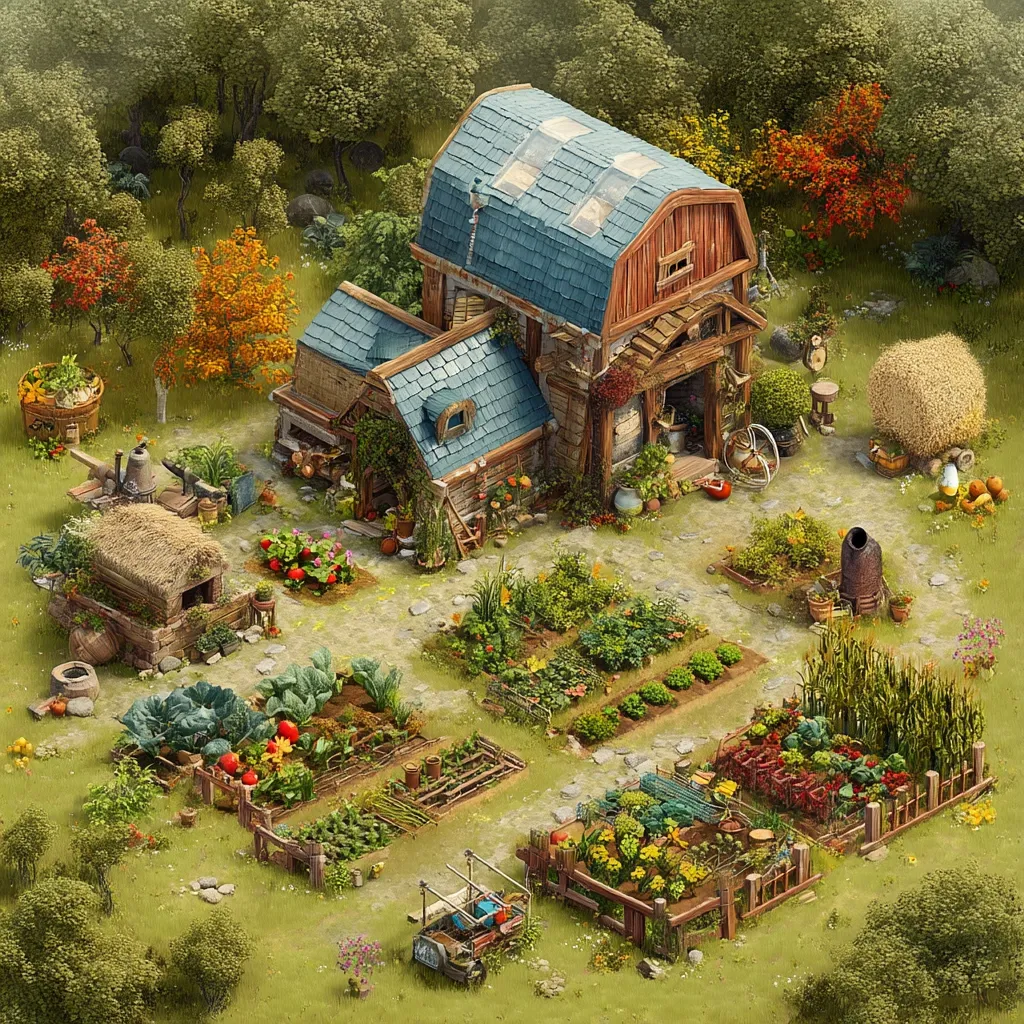 A charming rustic farmhouse nestled in a lush green landscape.  The main building, with a blue-tiled roof, is surrounded by meticulously organized vegetable gardens, showing various crops.  A smaller adjoining structure and a hay bale add to the rural setting.  The scene is detailed with stone paths, farming tools, and autumnal foliage, creating a peaceful and idyllic farm atmosphere.